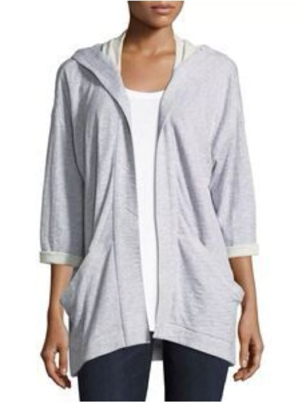 Eileen Fisher Organic Cotton Hooded Open Cardigan Light Gray Plus Size 2X